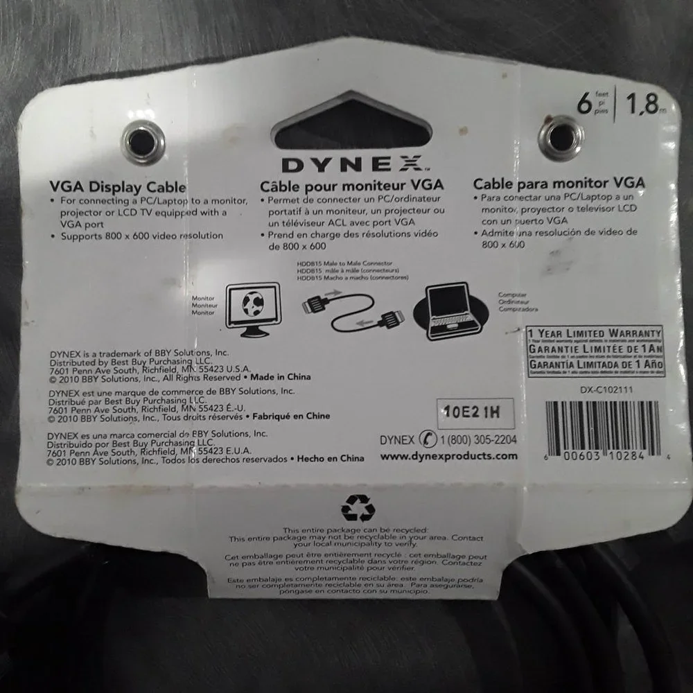 DYNEX VGA 6' PC MONITOR REPLACEMENT CABLE DX-C102111 - NEW OLD STOCK